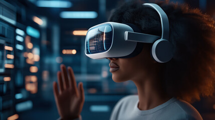 A close-up of an African American woman using a virtual reality headset, interacting with a virtual environment. The background is filled with abstract technological elements.