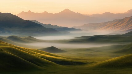 A high-definition, distant view of the Qilian Mountains at dawn, with mist, soft colors, and smooth textures creating a serene and artistic landscape