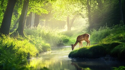 Deer Drinking in a Forest Stream