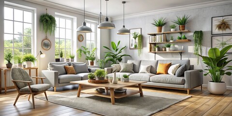 Fototapeta premium A light-filled Scandinavian-inspired living room boasts a plush sectional sofa, a woven-seagrass armchair, and a