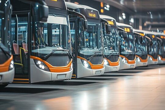 Row of modern buses in depot with focus on first bus