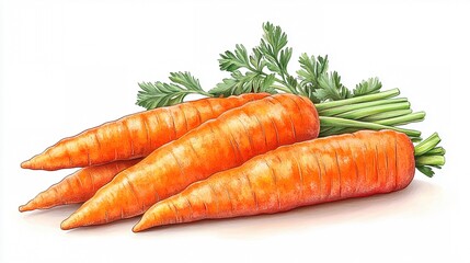 Freshly Harvested: A trio of vibrant carrots, complete with lush green tops, lay nestled together against a pristine white background.