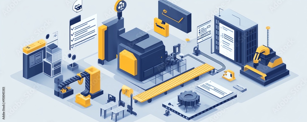 Poster Concept of workflow optimization through automation, highlighting industrial processes with checkboxes and efficiencyenhancing visuals