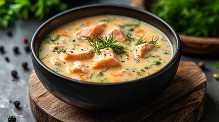 A bowl of soup with carrots and dill on top. The soup is creamy and looks delicious
