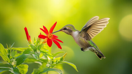 Fototapeta premium Hummingbird Feeding on Red Flower in Nature