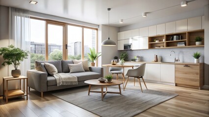 Fototapeta premium A minimalist studio apartment with natural light, neutral hues, and functional furniture creates a serene oasis for