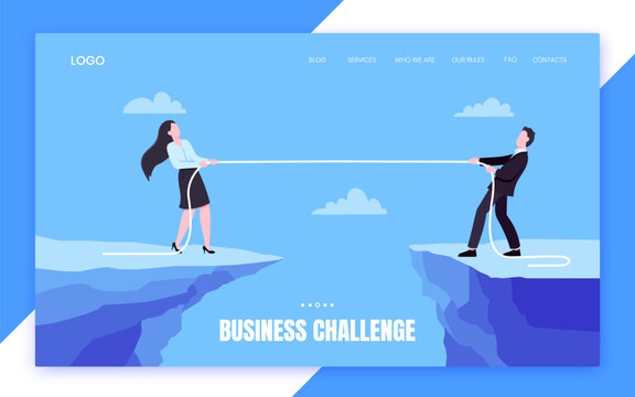 Business people play tug of war by pulling the rope. Business concept of competition in office space with two leaders, flat style design vector illustration. Confrontation and conflict metaphor