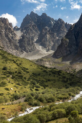 Fototapeta premium Scenic landscape and rugged mountains of Ala Archa national park valley