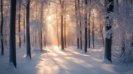 Naklejka premium Snowy forest path at sunrise with frozen branches and a blue sky