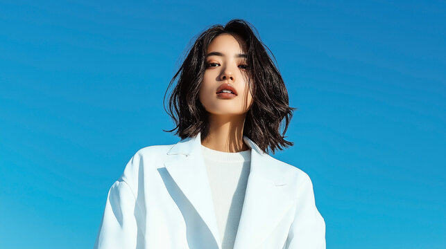 Young woman with dark hair wearing a white outfit, staring at the camera against a clear blue sky background