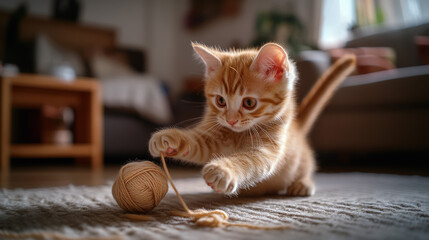 Cute Orange Tabby Kitten Playing with Yarn