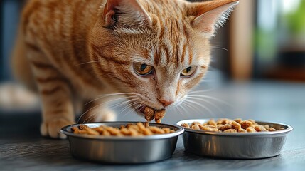 A close-up of a ginger cat eating from a bowl. This image is perfect for pet food, pet care, and animal nutrition websites.
