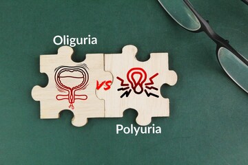 wooden puzzle with two words Oliguria vs Polyuria. Polyuria means excessive urine production.