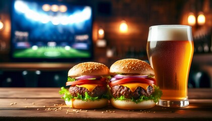 Burgers, French fries and beer in the bar against the background of a TV showing a football match.. Generated image