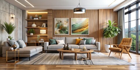 A modern living room space boasts comfortable seating, a stunning abstract art piece, and warm wood tones, creating