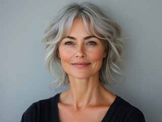 A confident woman with silver hair poses against a neutral background, showcasing natural beauty and sophisticated style.