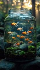 Goldfish swimming in a jar with plants. This image is perfect for illustrating the concept of nature and freedom.