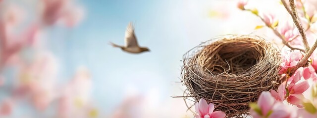 Naklejka premium A bird flies above its nest against a backdrop of pink flowers in the foreground and a blue sky overhead