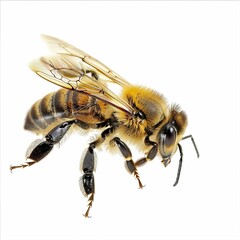 A bee, with intricate wings, delicately lands on a pure white background isolated on white 