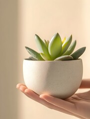 Hands Holding Lush Succulent Plant in Minimalist White Ceramic Pot