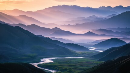 A serene view of the Qinghai Qilian Mountains, with rivers winding through the misty landscape and the first rays of sunlight creating a soft, mysterious mood