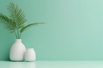 Fototapeta premium Minimalist Vase with Tropical Palm Leaves in Pastel Green Interior Setting