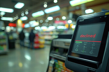 A payment terminal with the word "declined" displayed in red on the screen, indicating a failed transaction in a grocery store. The blurred background includes shelves and lighting