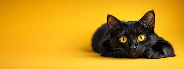  Two black cats, each sporting yellow eyes, rest on separate yellow backgrounds