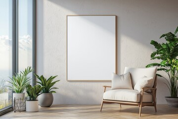 Poster Frame in Beige minimalist living room interior created with generative AI