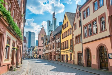 Obraz premium Picturesque street in Frankfurt, Germany, with traditional half-timbered houses set against a modern city skyline under a bright, clear sky...