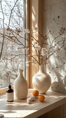 A vase with white flowers and a bottle on a windowsill. Great for home decor and lifestyle projects.