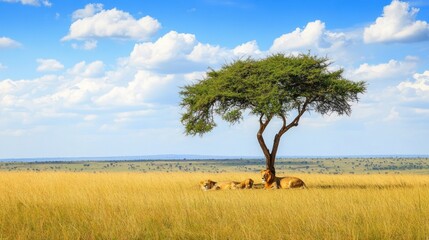 Obraz premium Lions Resting Under a Tree in the African Savanna