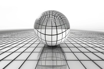 A futuristic black and white wireframe sphere floating above a grid-like surface, creating a surreal and abstract visual effect.