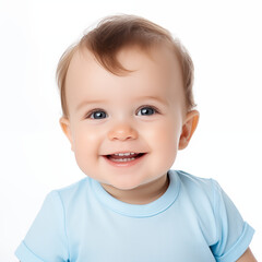 A smiling 1-year-old boy wearing a blue shirt on white background.