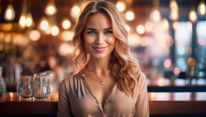 Young woman standing behind bar counter restaurant. Generated image