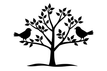 Two birds loving silhouette in small tree 