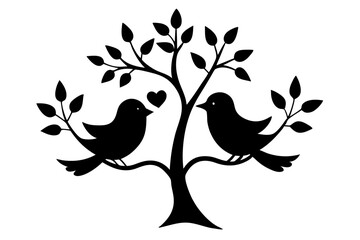 Two birds loving silhouette in small tree 