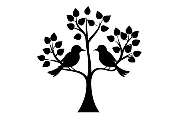 Two birds loving silhouette in small tree 