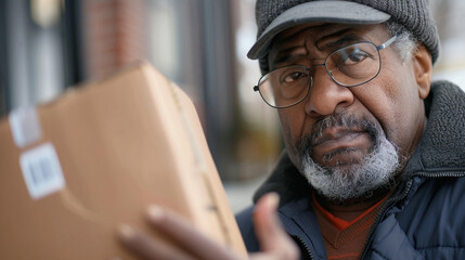 Medium close-up of a postal worker carefully delivering a package, with a determined look.