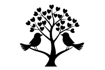 Two birds loving silhouette in small tree 