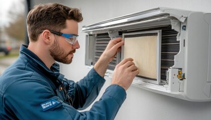 Hvac technician wearing safety glasses is changing a dirty air filter