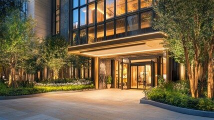 Modern Hotel Entrance with Illuminated Canopy