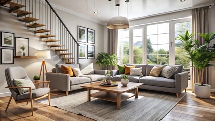 Fototapeta premium A small townhouse living room featuring stylish furniture, cozy textiles, and ample natural light creates a warm and