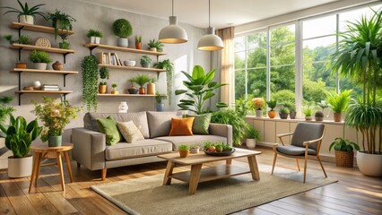 Fototapeta premium A snug and affordable living space is achieved through clever furniture choices, decorative accents, and lush greenery,