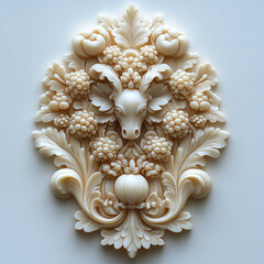 Ornate wall decor featuring intricate carvings of grapes, flowers, and a decorative animal motif, perfect for elegant interiors.