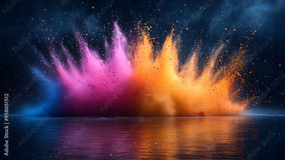 Poster vibrant explosions of colorful powder in pink, orange, and blue erupting against a dark background, 