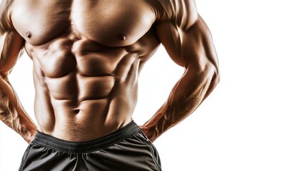 Fototapeta premium A muscular male torso, showcasing a six-pack and defined abdominal muscles, against a white backdrop.
