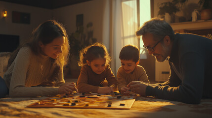 children playing chess, family is engaged in a fun or meaningful activity, such as playing a board game, reading a book together. The activity highlights their connection and enjoyment