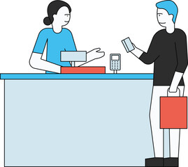 The boy is paying the bill at the cash counter.