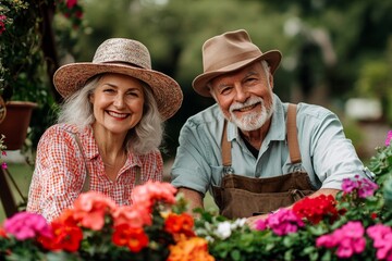 Smiling elderly couple in straw hats gardening together among colorful blooming flowers